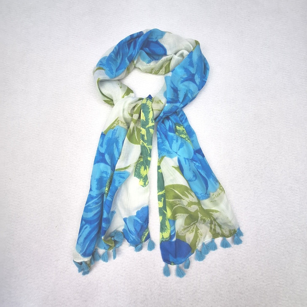 J Jill Scarf Womens One Size Blue Green Floral Tassel Trim Wrap Botanical